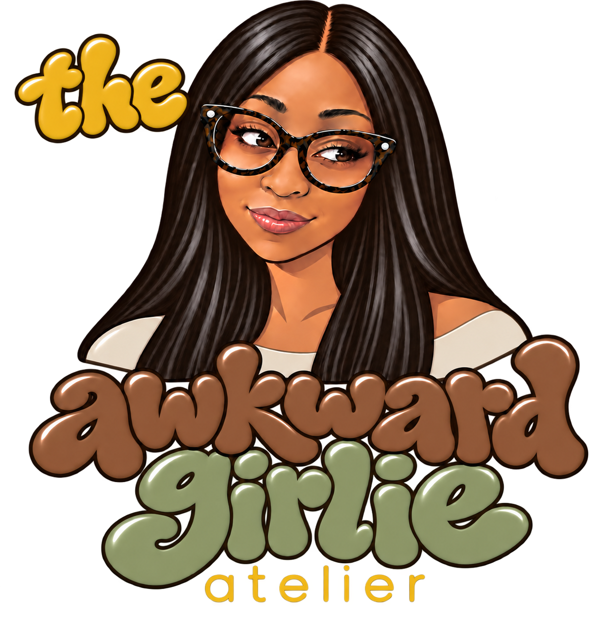 Illustrated woman with glasses and The Awkward Girlie Atelier wordmark